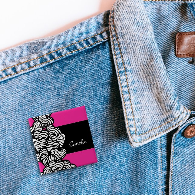 Fuschia pink black white zebra pattern heart name  2 inch square button (Creator Uploaded)
