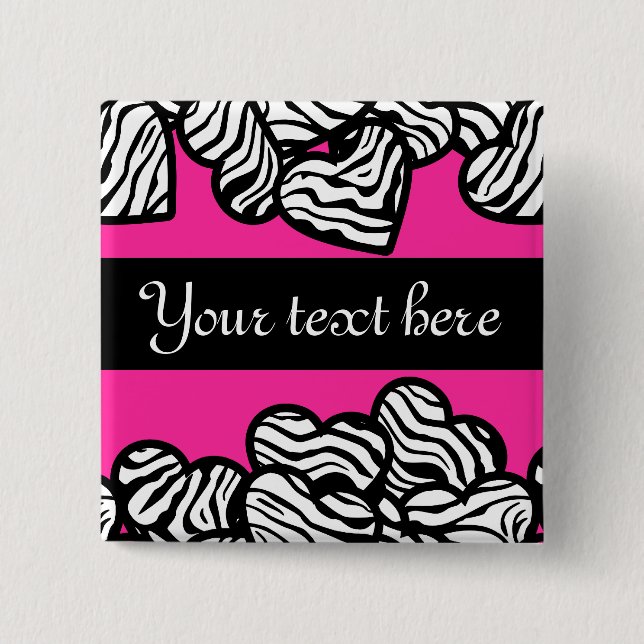 Fuschia pink black white zebra pattern heart name  2 inch square button (Front)