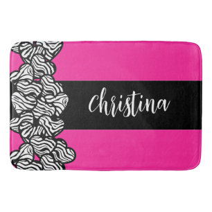 Fuschia pink black white zebra pattern heart name bath mat