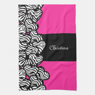 Fuschia pink black white zebra pattern heart name kitchen towel