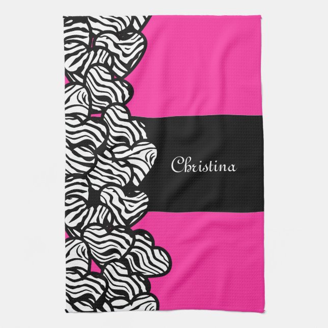 Fuschia pink black white zebra pattern heart name kitchen towel (Vertical)