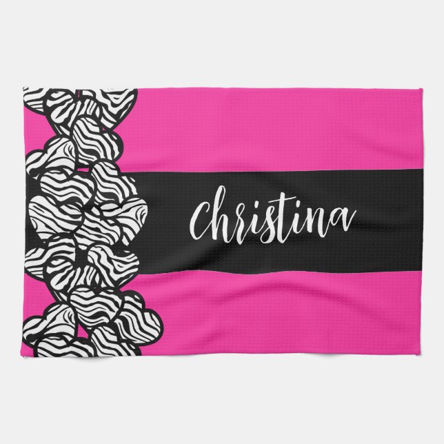 Fuschia pink black white zebra pattern heart name  kitchen towel (Horizontal)