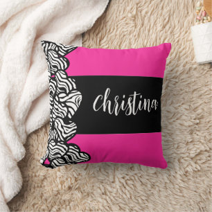 Fuschia pink black white zebra pattern heart name  throw pillow