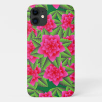 Fuschia Pink Camellias and Green Leaves