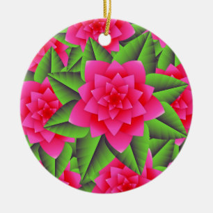 Fuschia Pink Camellias and Green Leaves Ceramic Ornament