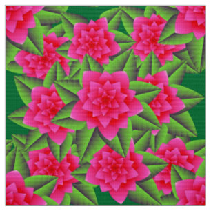 Fuschia Pink Camellias and Green Leaves Fabric