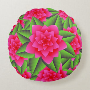 Fuschia Pink Camellias and Green Leaves Round Pillow