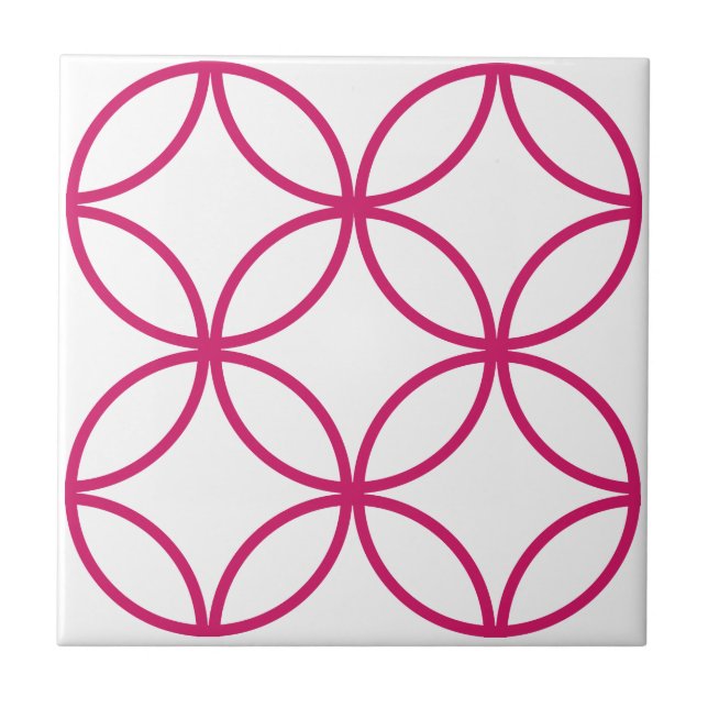 Fuschia pink circle flower repeat pattern on white tile (Front)