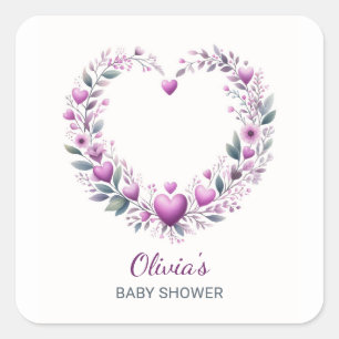 Fuschia Pink Floral Heart Baby Shower Invitation Square Sticker