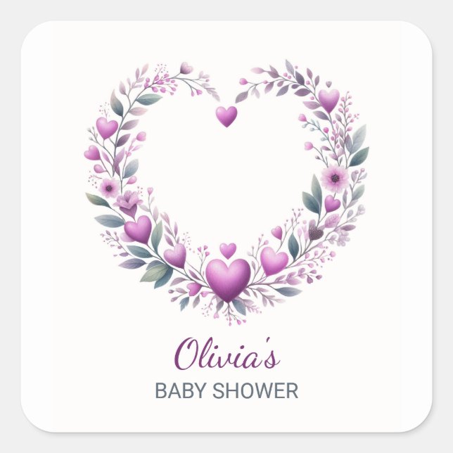 Fuschia Pink Floral Heart Baby Shower Invitation Square Sticker (Front)