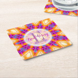 Fuschia Pink Gold Monogram Paper Coasters