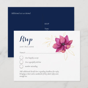 Fuschia Pink Gold Navy Blue Wedding RSVP Postcard