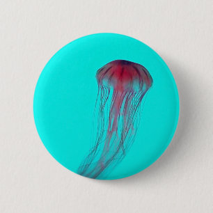 Fuschia Pink Jellyfish on Aqua Blue Green 2 Inch Round Button