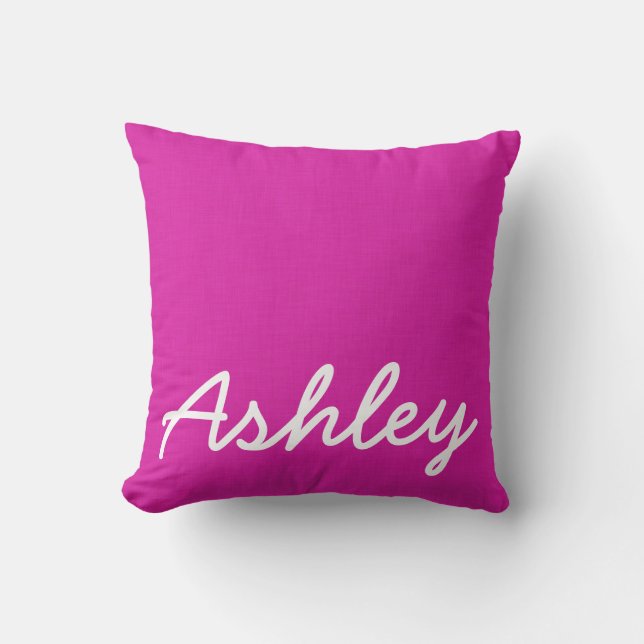 Fuschia pink linen texture white initials throw pillow (Front)