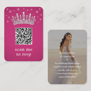Fuschia Pink QR RSVP Quinceañera Crown & Photo Enclosure Card