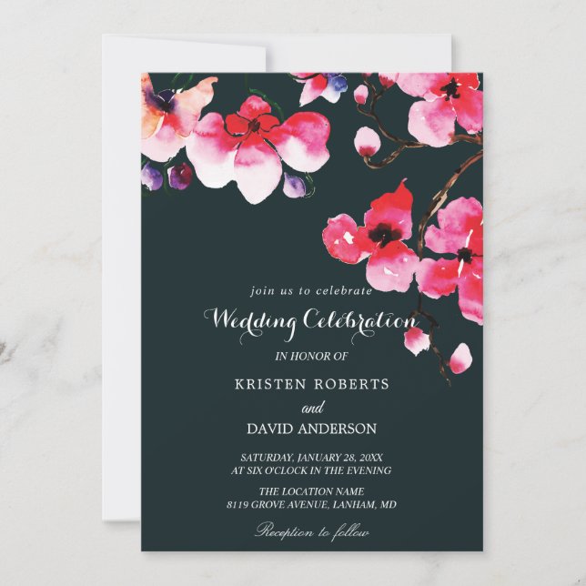 fuschia tree and black wedding invitations (Front)