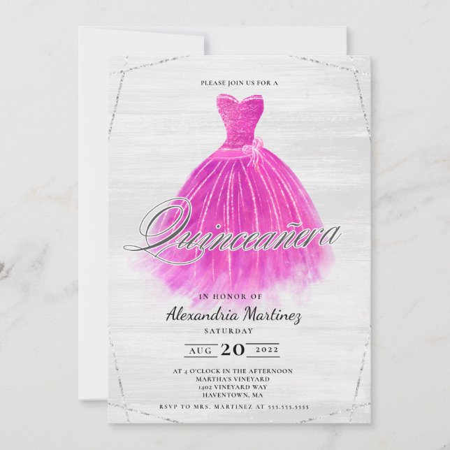 Fuschia wood dress glitter Quinceañera Invitation (Front)