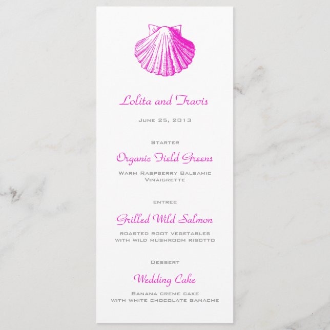 Fuscia Sea Shell Wedding Menu Card (Front)
