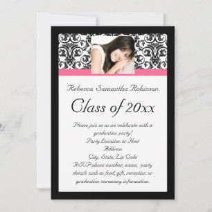 Fushcia Damask Pink and Black Graduation Invitation