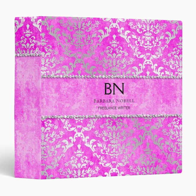 Fushcia Pink Glimmer Damask 3 Ring Binder (Front/Spine)