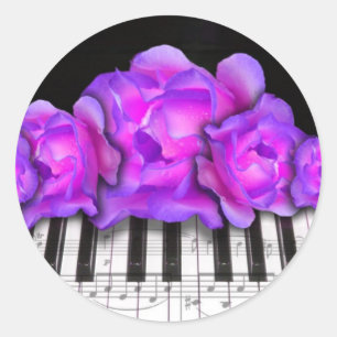 Fushia Roses and Piano Keyboard and Notes Classic Round Sticker