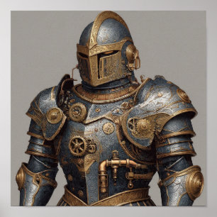 Fusion of Eras: Steam-Powered Knight Armor Detail Poster