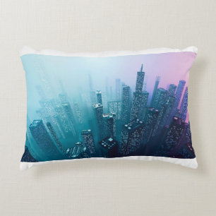 Future city downtown with skyscrapers in neon cybe accent pillow