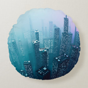 Future city downtown with skyscrapers in neon cybe round pillow