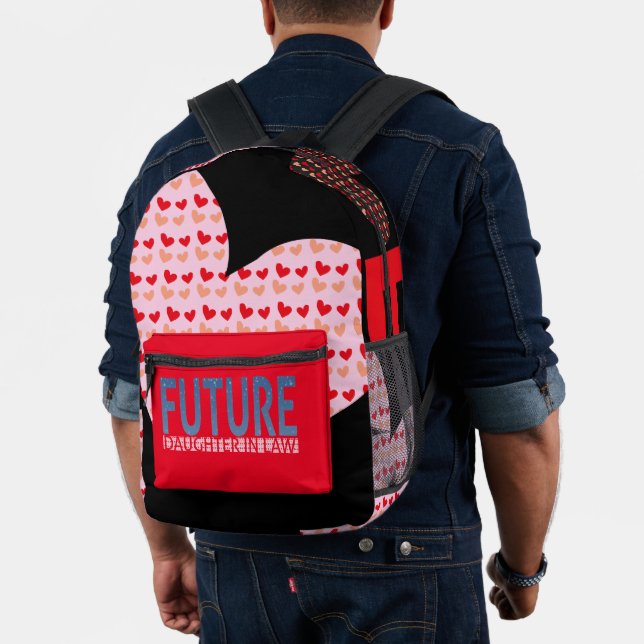 future daughter in law, red black grey love letter printed backpack (Insitu (Model))