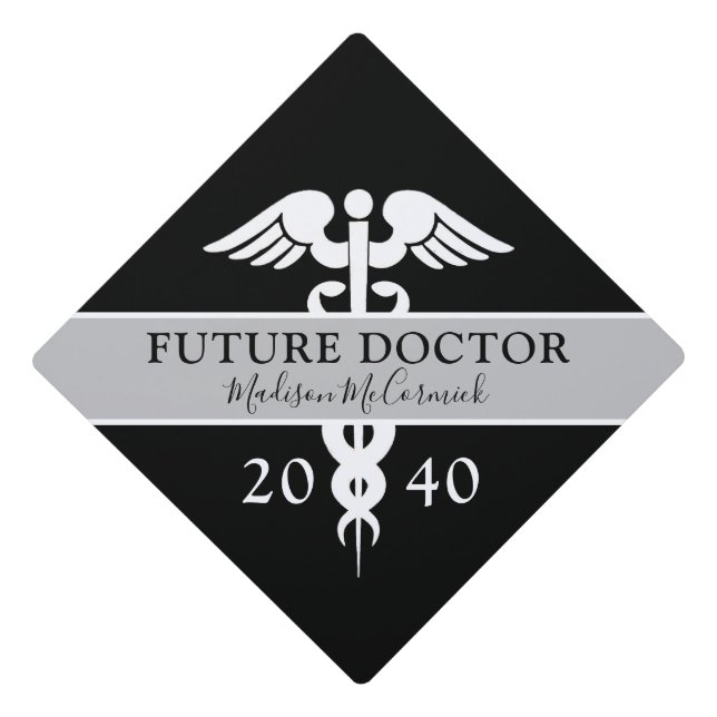 Future Doctor Medical Student Black and White Name Graduation Cap Topper (Front)