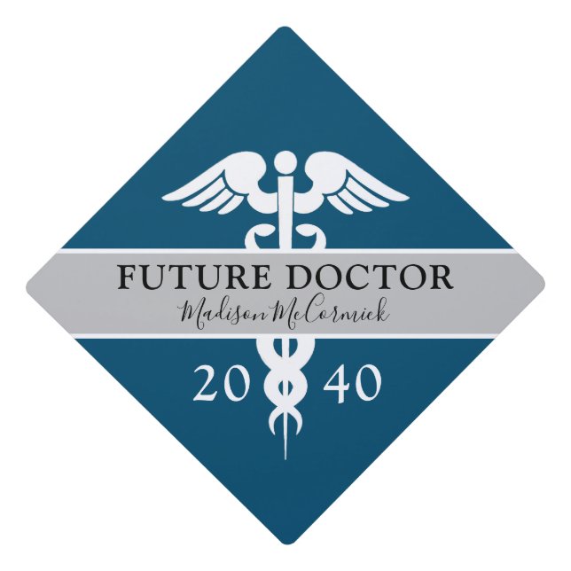 Future Doctor Medical Student Navy and White Name Graduation Cap Topper (Front)