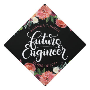 Future Engineer - Girl power - Watercolor flowers Graduation Cap Topper