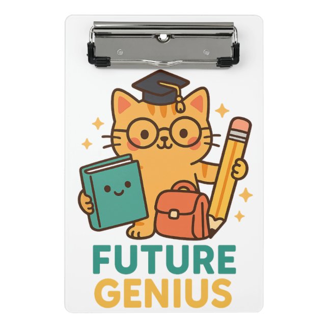 Future Genius – Cute Cat with School Essentials Mini Clipboard (Front)