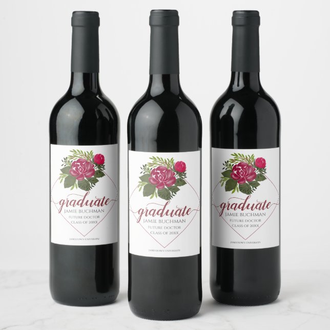 Future Graduating Doctor Floral Trendy Script Red  Wine Label (Bottles)