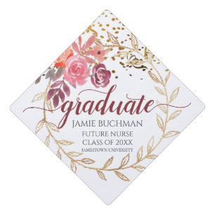 Future Graduating Nurse Floral Glitter Script Graduation Cap Topper