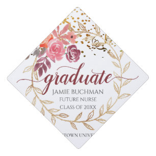Future Graduating Nurse Floral Glitter Script Graduation Cap Topper
