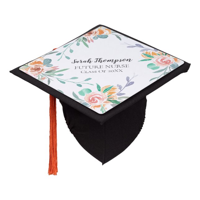Future Graduating Nurse Floral On White Graduation Cap Topper (Angled)
