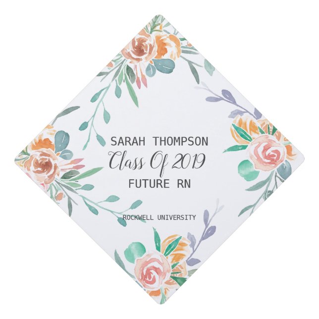 Future Graduating Nurse Floral Pink And Green Graduation Cap Topper (Front)
