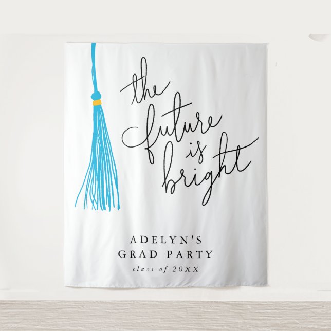 Future Is Bright Sky Blue Tassel Modern Tapestry (Front)