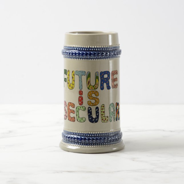 FUTURE IS SECULAR cartoon letters Beer Stein (Center)