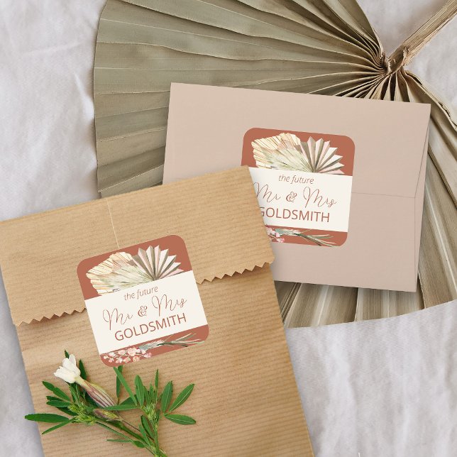 Future Mr and Mrs Terracotta Wedding Envelope Square Sticker (Future Mr & Mrs stickers from my Boho Palm Bridal Shower Collection)