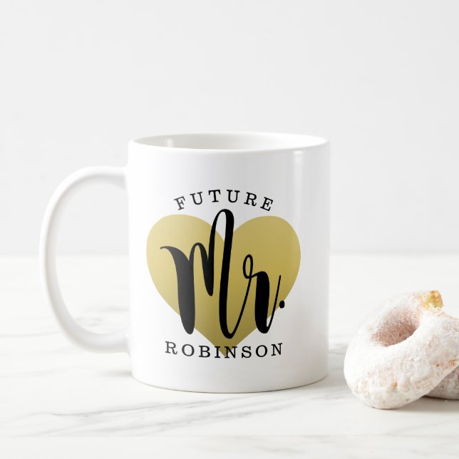 Future Mr Gold Heart Custom Wedding Monogram Coffee Mug (With Donut)