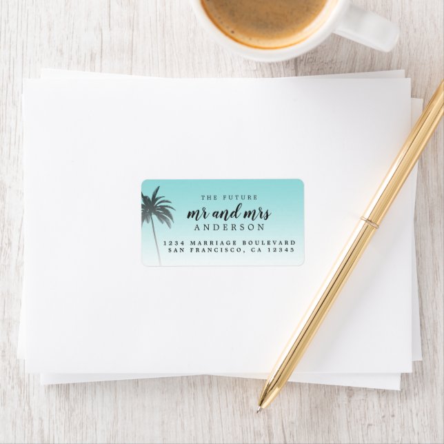 Future Mr Mrs Blue Beach Wedding Return Address Label (Insitu)