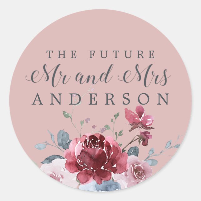 Future Mr Mrs Burgundy Floral Pink Envelope Seal (Front)