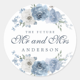 Future Mr Mrs Dark Blue Ivory Floral Winter Classic Round Sticker