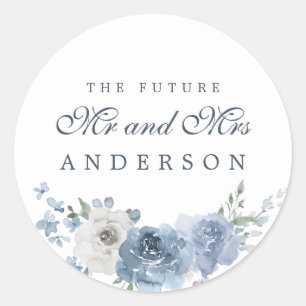 Future Mr Mrs Dark Blue Ivory Floral Winter Classic Round Sticker