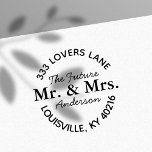 Future Mr & Mrs Engagement Round Return Address Self-inking Stamp<br><div class="desc">Announce your exciting news with this elegant self-inking stamp. Featuring a beautiful script font and the words "Future Mr. & Mrs., " this stamp is perfect for personalizing save-the-dates, engagement party invitations, and thank you cards. Add a touch of sophistication and excitement to your wedding stationery with this charming design....</div>