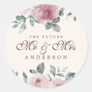 Future Mr Mrs Floral Dusty Pink Burgundy Ivory Classic Round Sticker