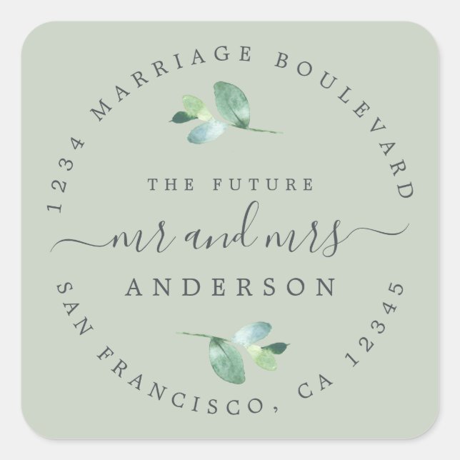 Future Mr Mrs Foliage Wedding Return Address Square Sticker (Front)