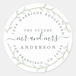 Future Mr Mrs Green Rustic Wedding Return Address Classic Round Sticker
